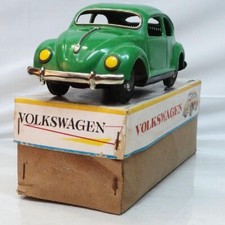 Masudaya Volkswagen Beetle Yellow Green Tin Toy Car length 19cm Miniature Box