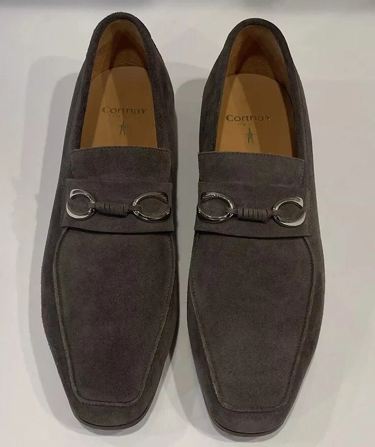 Corthay Suede loafer Shoes double C logo Cannes Grey/Brown silver finis Size 8.5 - Image 3 of 4