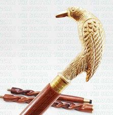 Brass Raven Crow Head Handle Hand Carved Brown Spiral Wooden Walking Stick Cane