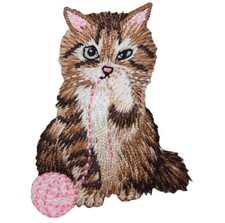 Cat  Pink Yarn Applique Patch - Embroidered Kitten Badge 2-3/8" Iron On 