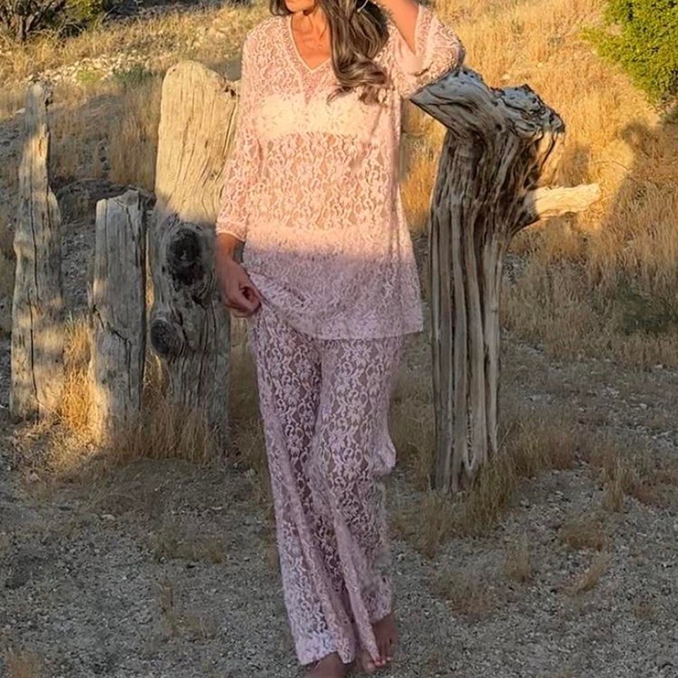 Women's Medium Pant Set Pink Beaded Lace Sheer Vintage Pant and Top Set — free download