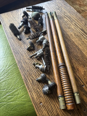#ad Antique 3 Piece Wood Gun Shotgun Cleaning Rod Brass Fittings Many Jags Brushes $46.00