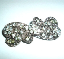 VINTAGE WHITE RHINESTONE BEADED SILVER BOW HAIR BARRETTE
