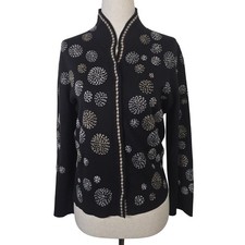 Nic Zoe Black Swirl Circle Knit Mock Neck Cardigan Sweater Womens Medium