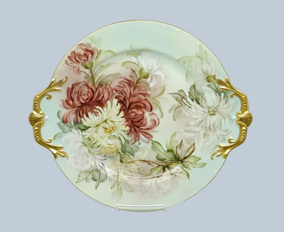 T&V Limoges 15 ¾ Handled Platter with Crimson, Yellow & White Mums- ''F.H. Morse''