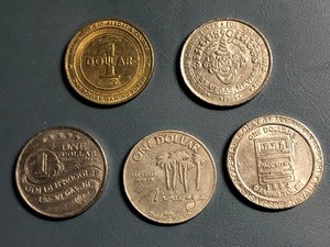 5 Different Las Vegas Gambling Slot Coins: Circus CIrcus, Mandalay Bay, etc.