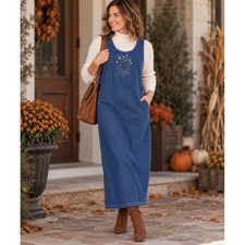 Vintage 90s True Blue Denim Maxi Jumper Dress Floral Embroidered Cottagecore