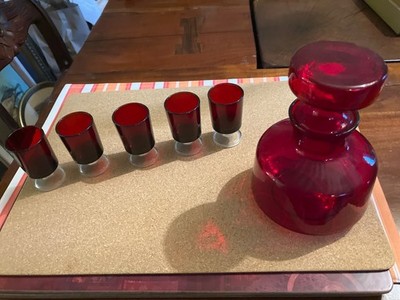 Set of Vintage Luminarc France Ruby Red Cordial Glasses with Decanter