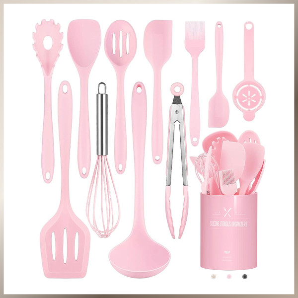 KüChenhelfer Set 12-Teilig Silikon Kochutensilien HitzebestäNdig Rosa-image
