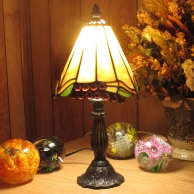 RAINBOW ART GLASS Grape Boudoir Genuine Stained Glass Table Lamp w/ Satin Bronze Finish Base