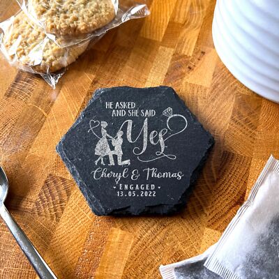 Hexagon Schiefer She Said Yes Verlobungsvorschlag Geschenk personalisierter Untersetzer