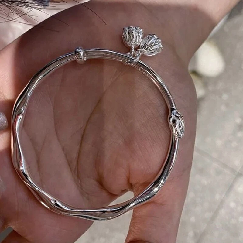 Bracciale Vintage Colore Argento Fiore di Loto Bud Moda Push Pull San Valentino GF