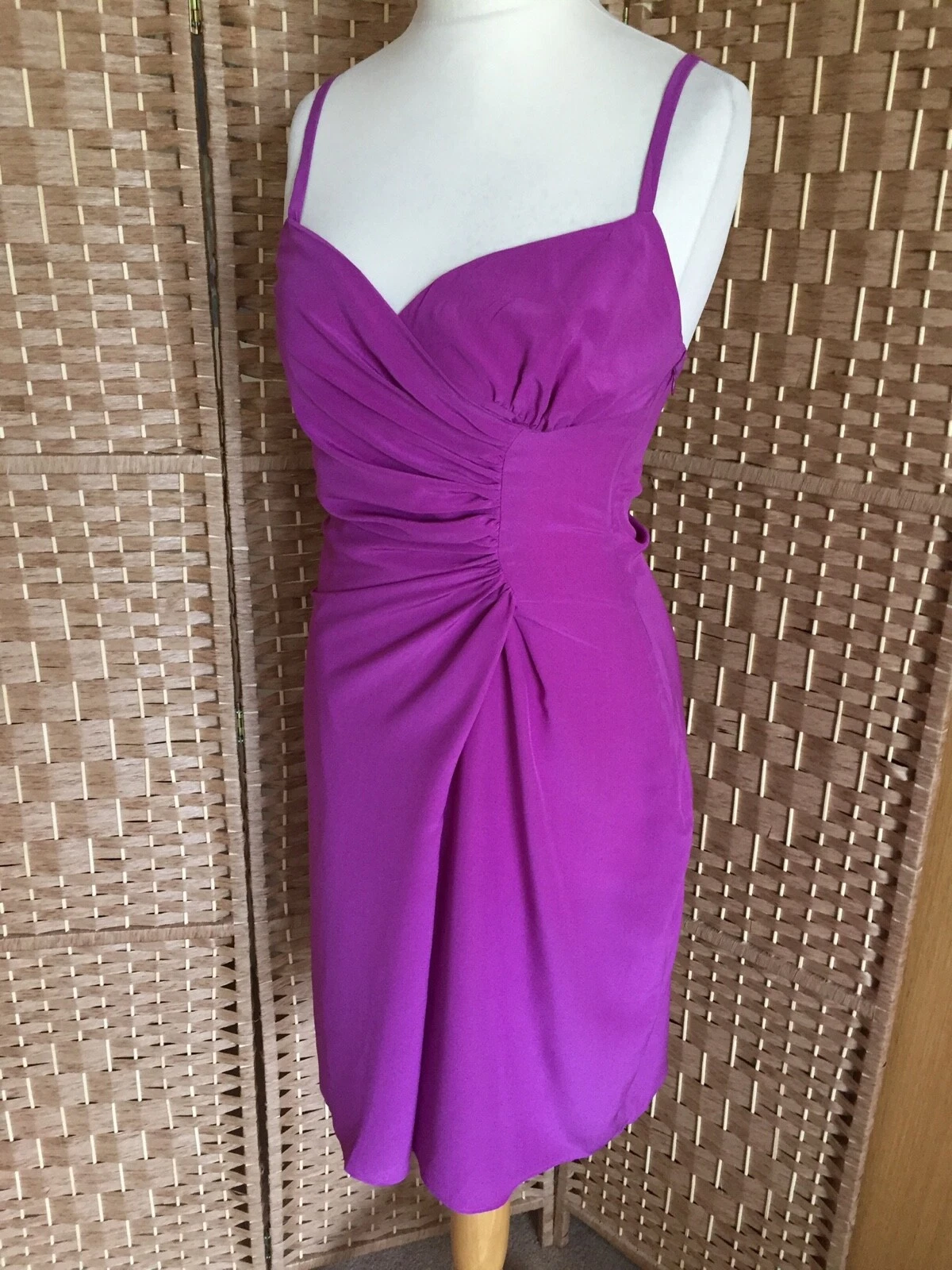 DSQUARED2 Abito nuovo con etichette D Squared2 viola viola 100% seta con spalline taglia 42 8 10 L39” RUCHED