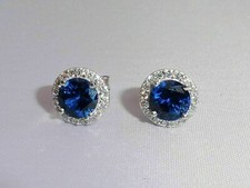 3.Ct Round Cut Blue Sapphire Lab-Created Halo Stud Earrings 14K White gold