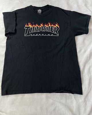Vintage Thrasher Magazine Fire Flame Logo Skatewear Spellout Black