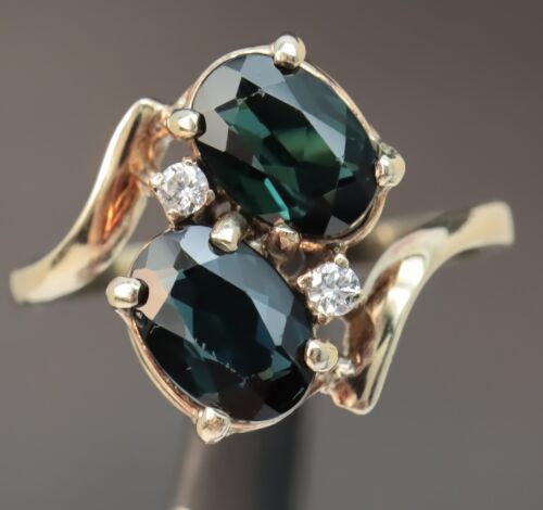 Size 8.5 Teal Tourmaline & Diamond Moi et Toi Vintage 14k Gold Ring 1.86ctw - Picture 2 of 12