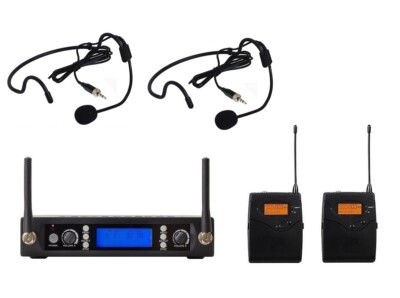 Dual Channel UHF Cordless Headset Microphone 2 Beltpack Wireless Headworn Black