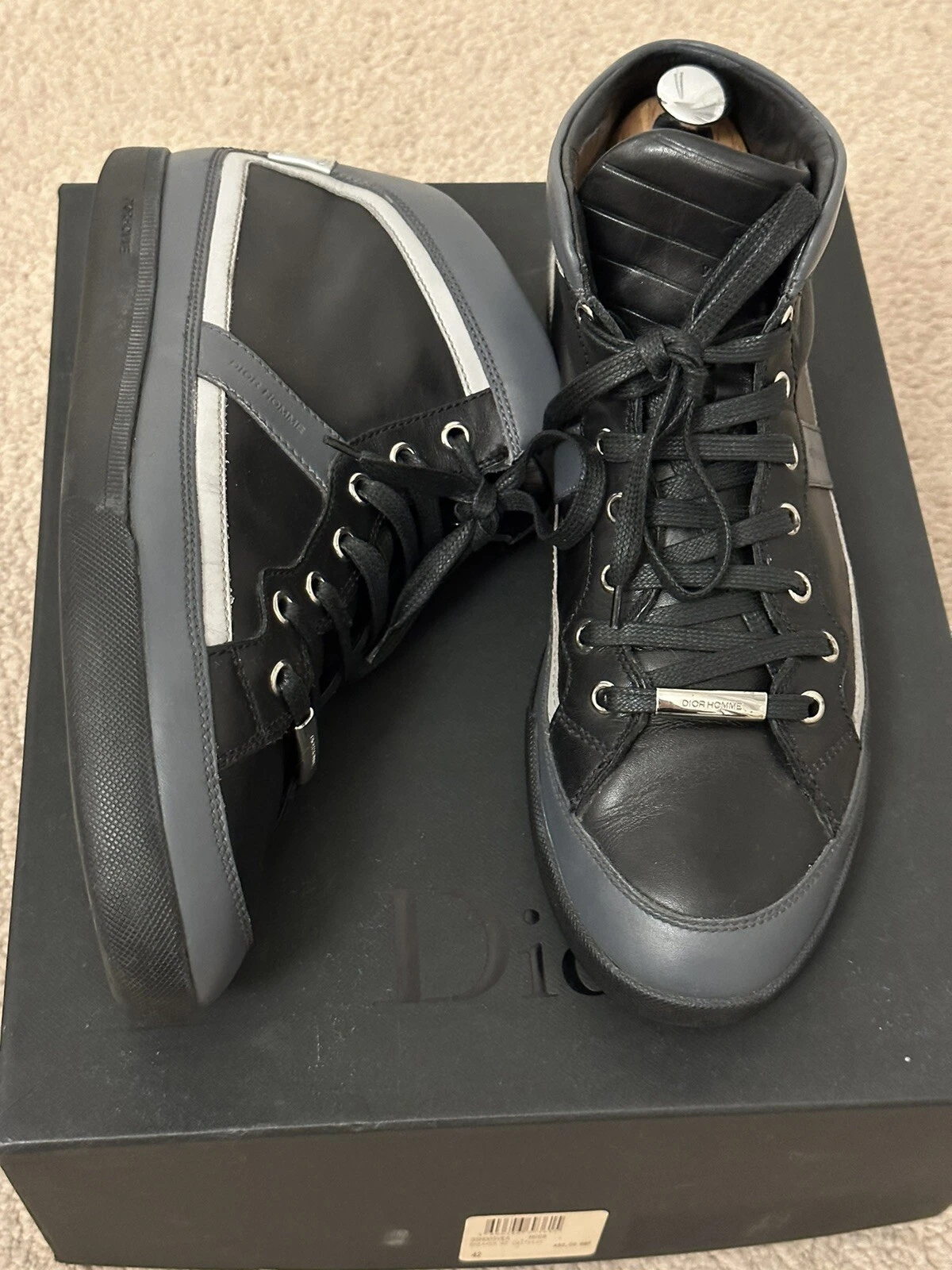 Baskets montantes authentiques Dior noir gris cuir de veau UK8 EU42 US9