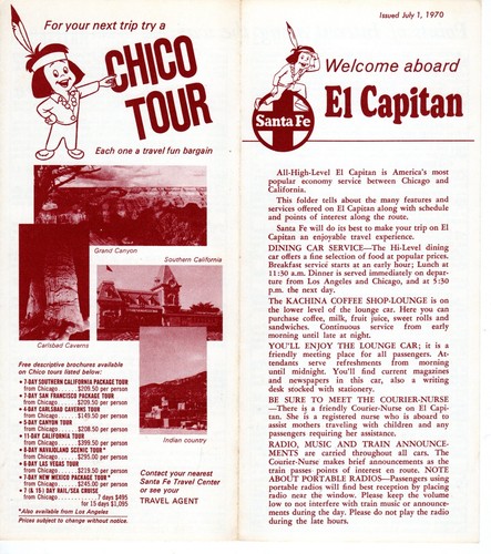 SANTA FE RR - WELCOME ABOARD EL CAPITAN - SCHEDULE & ITINERARY - 7/1/1970