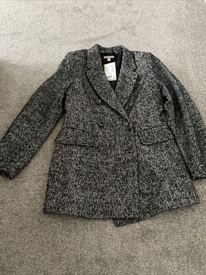 Ladies H&M Black And White Herringbone Coat Jacket Size 10