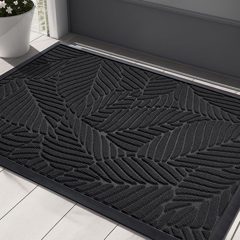 Durable 17x29.5 Black-Leaf Front Door Mat for Indoor and Outdoor Use