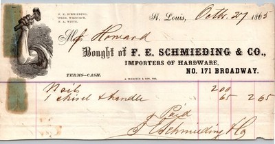 ANTIQUE LETTERHEAD 1865 F E SCHMIEDING & CO HARDWARE ST LOUIS