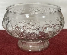 Vintage 50s Jeannette Clear Glass Raised Embossed Fruit Design Punch Bowl