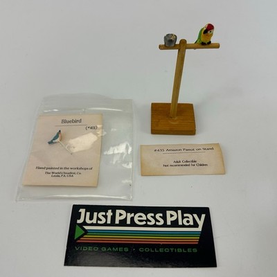 Vintage Dollhouse Clay Miniature Parrot on Stand & Bluebird Artisan Crafted