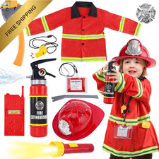 Fireman Costume for Kids, 10 Pcs Firefighter with Toy Medium, Red
