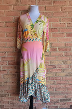 Anthropologie Farm Rio Pink Combo Tropical Animal Wrap Dress PETITE XS