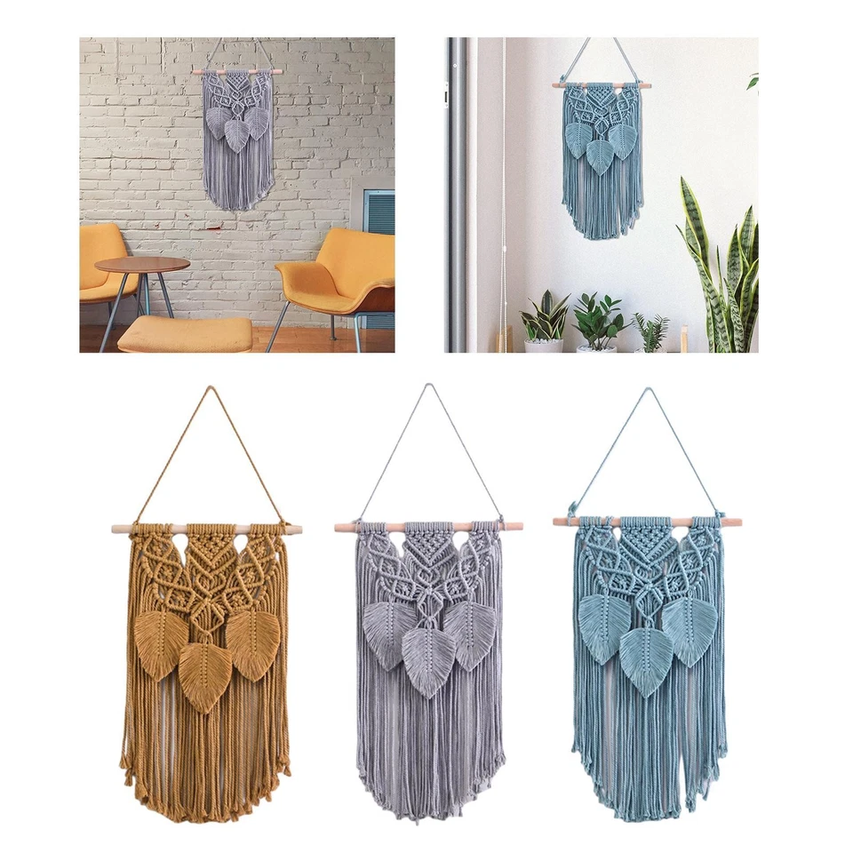 Tapisserie Murale En Macramé à Pompons et Feuilles, Tissée à La Main, Style - Photo 1/1