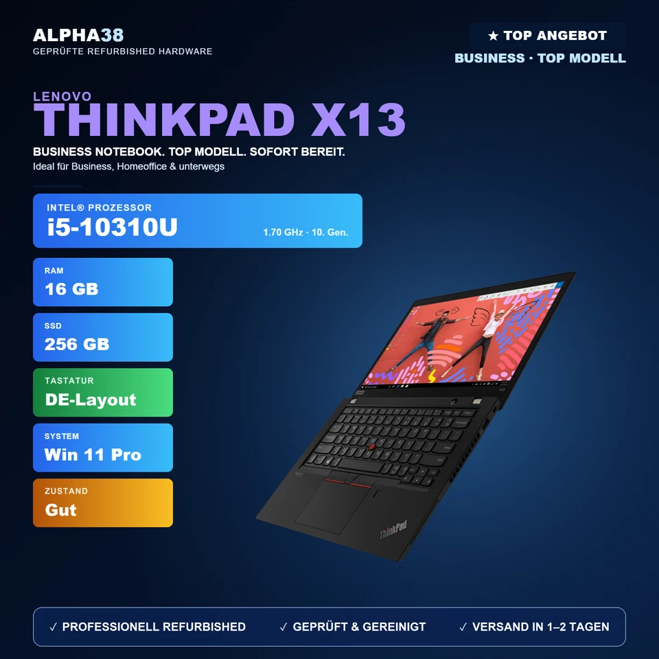Lenovo ThinkPad X13 G1 · i5-10310U · 16GB · 256GB, Foto 1 von 5