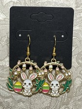 Bunny Rabbit Easter Egg Medallion Gold Enamel Drop Dangle Boho Fashion Earrings