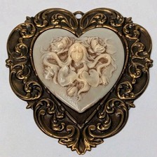 Large Ornate Vintage Gold Tone Cameo Lady With Flower Filagree Heart MISSING PIN