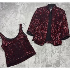 Alex Evenings Petite MP 2Pc Red Sequin Tank Top Jacket Set Evening Party