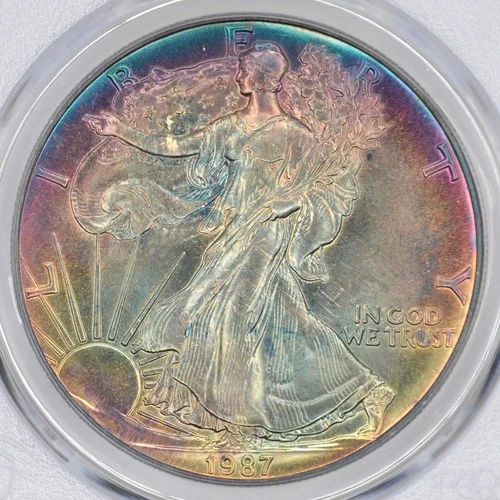 1987 $1 American Silver Eagle PCGS MS67 - Lovely Rainbow Toning