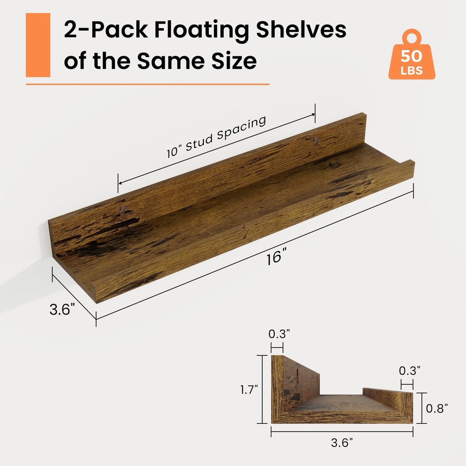 Picture Ledge Shelf, 16 inch Floating Shelves Set of 2, Wood Wall