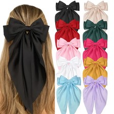 Korean Style Hair Clips for Women Girls Big Bowknot Solid Satin Long Ribbon Bow