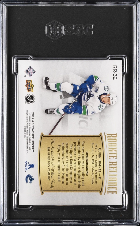 2019 UPPER DECK STATURE RC RELIANCE AUTO GREEN QUINN HUGHES /49 SGC 9.5 AUTO 10 - Image 2 of 2