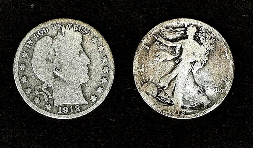 1912-s Barber Half dollar & 1918-s W.L. Half dollar .900 silver  pair