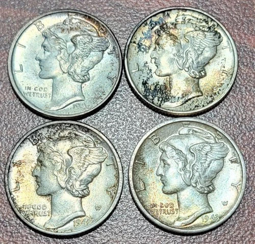 Mercury Dime TONERS 1940-1943 BU UNC Toned Obverse 90% Silver 10c Coins