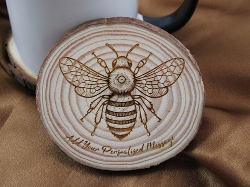 Personalised Round Handmade Bee Engraved Wood Slice Coaster - Picture 3 of 4