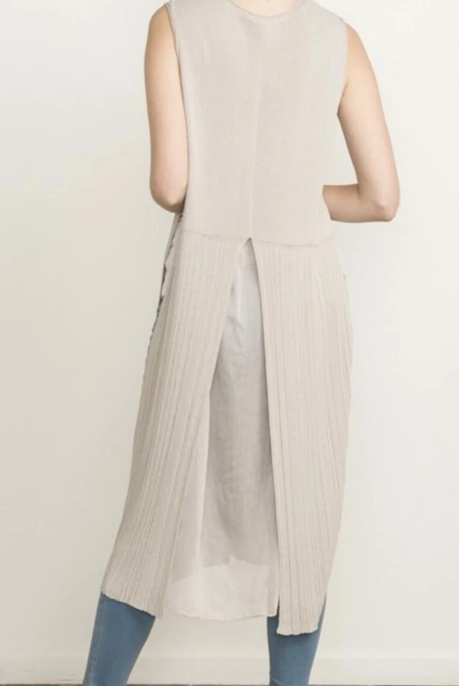 Chaleco Suéter Mystree Tejido Corbata Frontal Para Mujer L Ranura Lateral Gasa Bajo Beige Foto 4 de 4