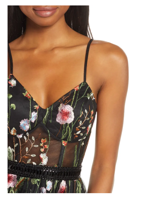 mac duggal embroidered fit & flare cocktail dress Brown Embellished Long Sleeve Velvet Trim A-Line Midi Dress main image 0