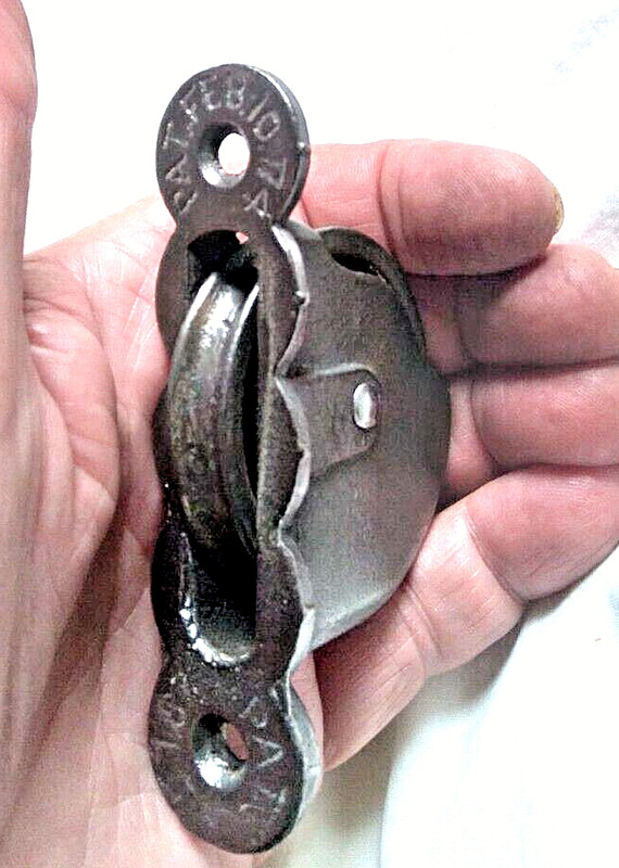 TWO Antique Pat. Feb 10, 1874 Cast Iron Ornamental Face Window Sash Lift Pulley