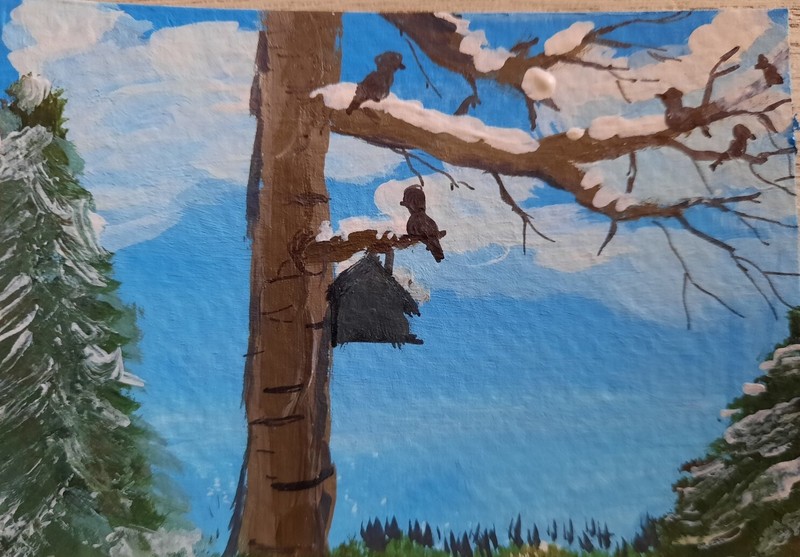 ACEO original painting, 2 1/2 x 3 1/2 "Winter Birds"