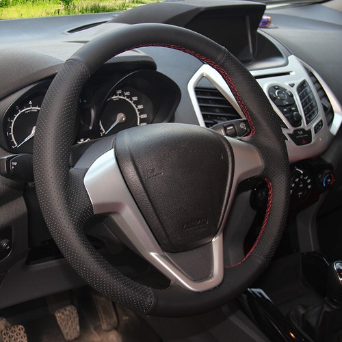 Black Leather Hand-sewing Car Steering Wheel Cover for Ford Fiesta Ecosport - Picture 3 of 14