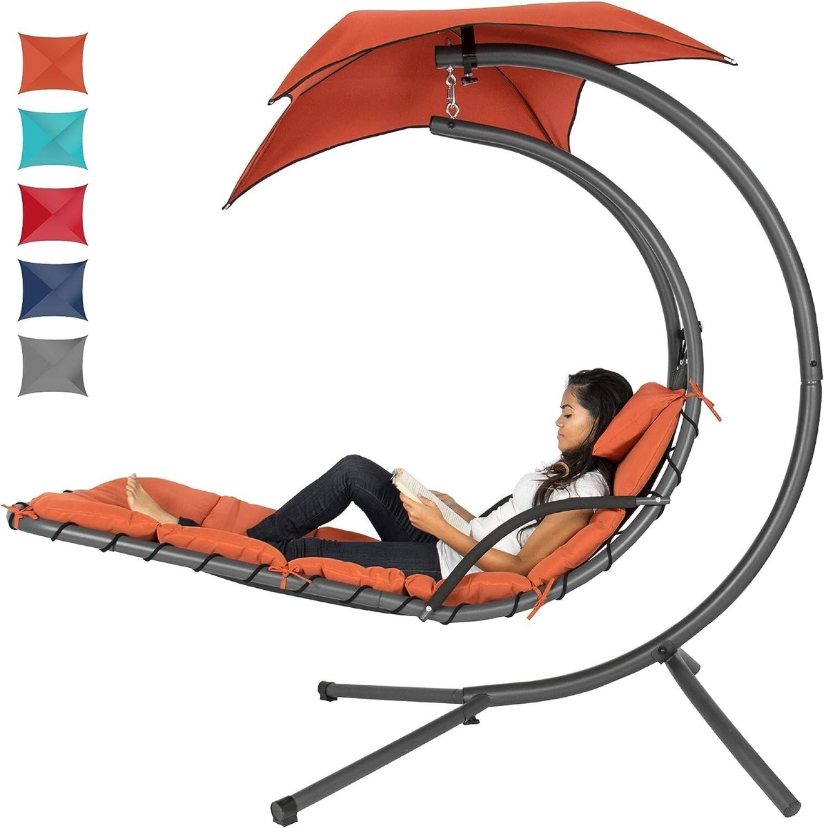 CMT Outdoor Hanging Curved Steel Chaise Lounge Chair Swing w/Built