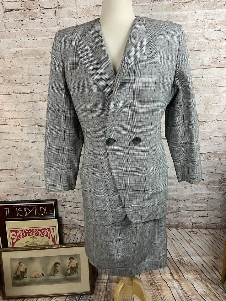 Vintage Christian Dior Black White Houndstooth Glen Plaid Jacket Skirt Set Sz 10 - Image 2 of 4