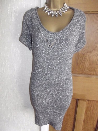 STUNNING ❤️ BNWT £110 KAREN MILLEN SILVER FINE KNIT JUMPER DRESS SIZE 1 6 8 Uk - Picture 6 of 9